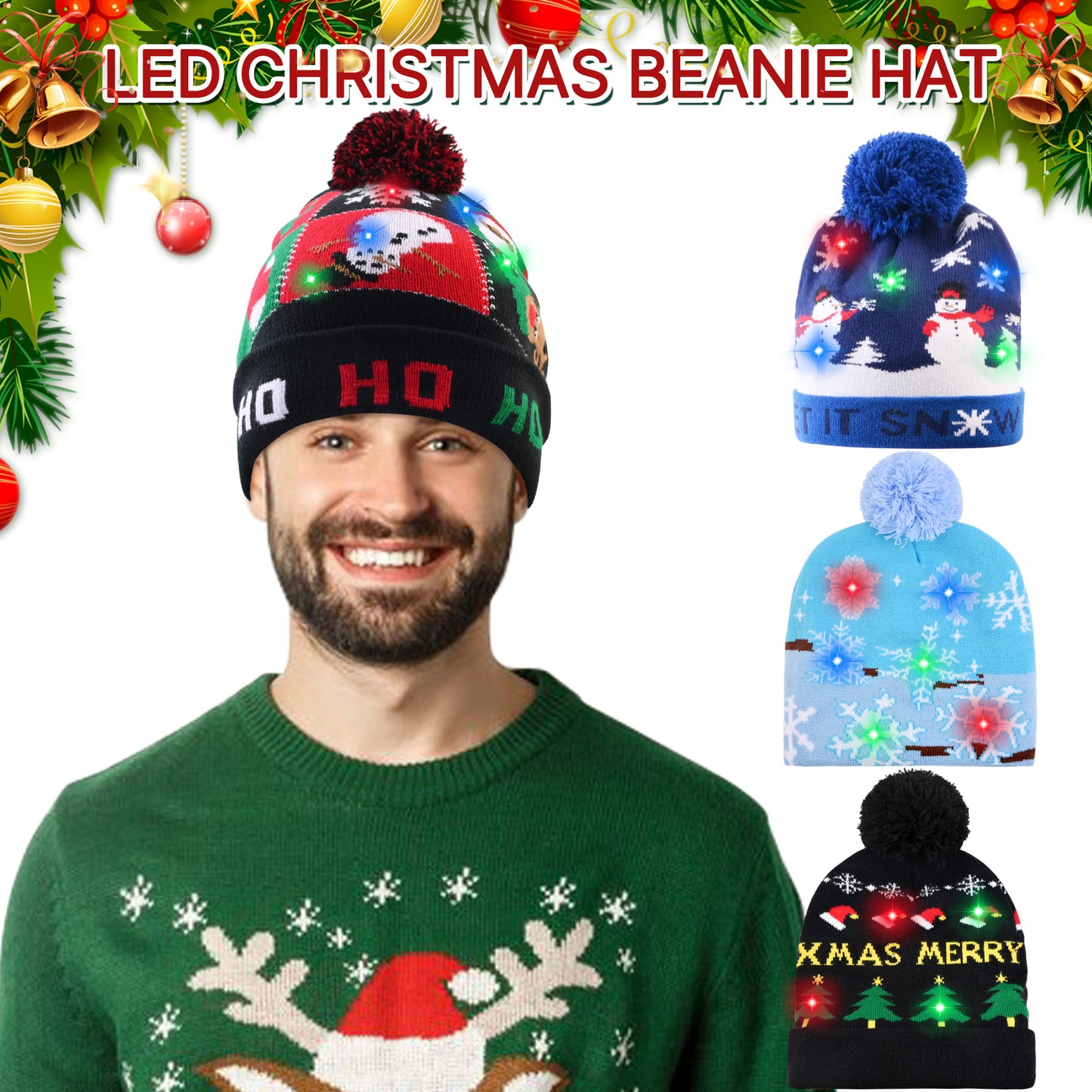 4 Pack LED Light up Christmas Beanie Hats Xmas Knitted Hat Unisex Winter Hat Flashing Cap for Adults Kids Christmas New Year
