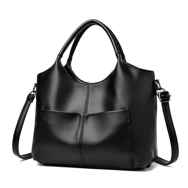Women's Fashion Tote Handbag New Style - Soft PU Leather, Large Capacity Shoulder Bag with Zipper Closure and Optional Messenger Strap - Elegant and Versatile Ladies Purse - Black