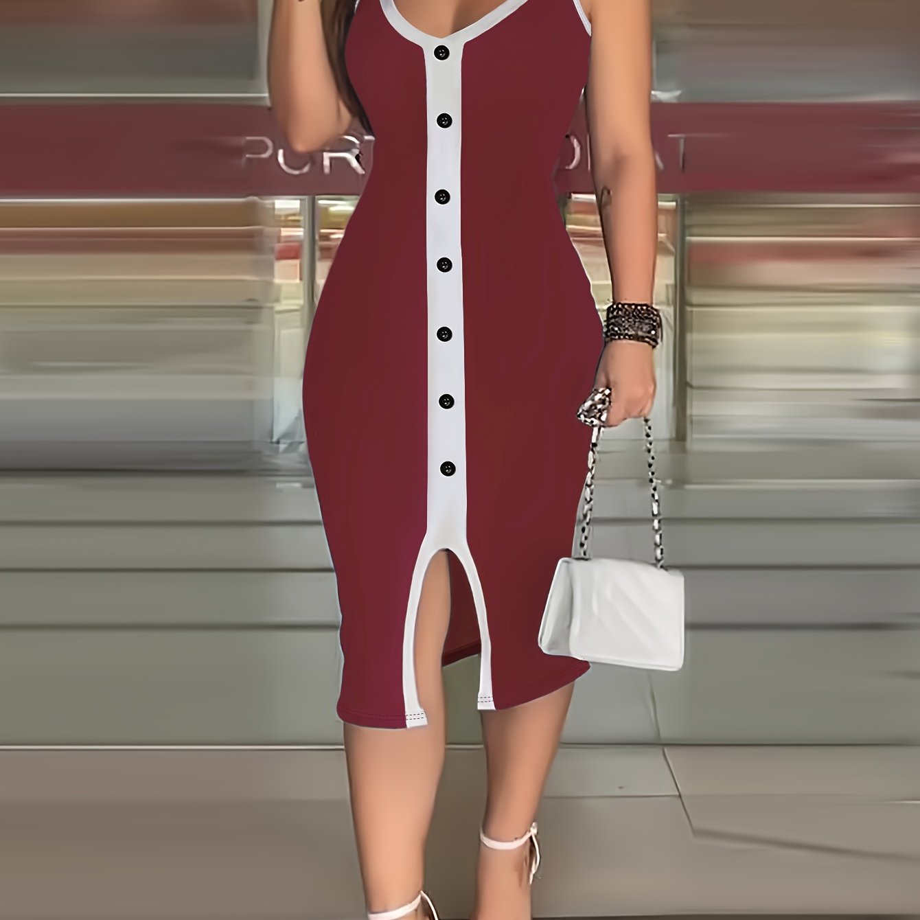 VAKKV Vibrant Color Block Bodycon Cami Dress - Backless Spaghetti Strap, Micro Elasticity, Polyester Fabric, Summer Vacation Style, No Printing, Knit Fabric - Womens Party Dressing Essential