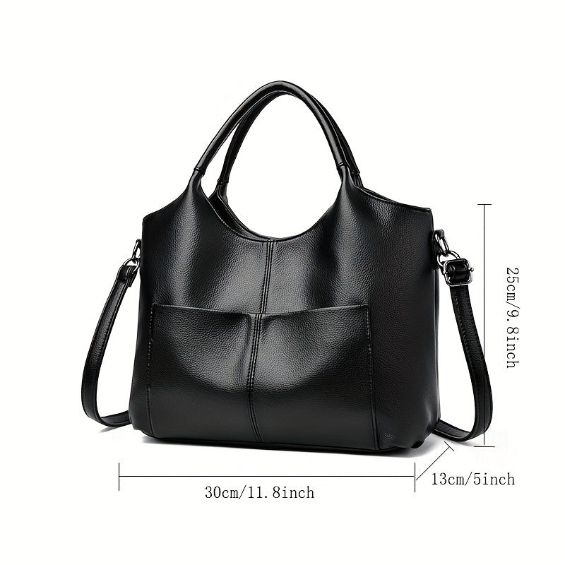 Women's Fashion Tote Handbag New Style - Soft PU Leather, Large Capacity Shoulder Bag with Zipper Closure and Optional Messenger Strap - Elegant and Versatile Ladies Purse - Black