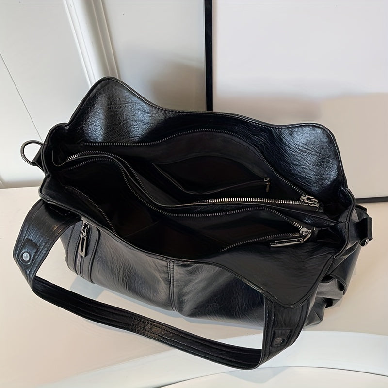 Vintage Chic Large Capacity PU Leather Shoulder Tote Bag - Stylish Women's Crossbody Bag with Maillard Finish, Multiple Pockets, and Adjustable Strap - Black and Coffee Color Options