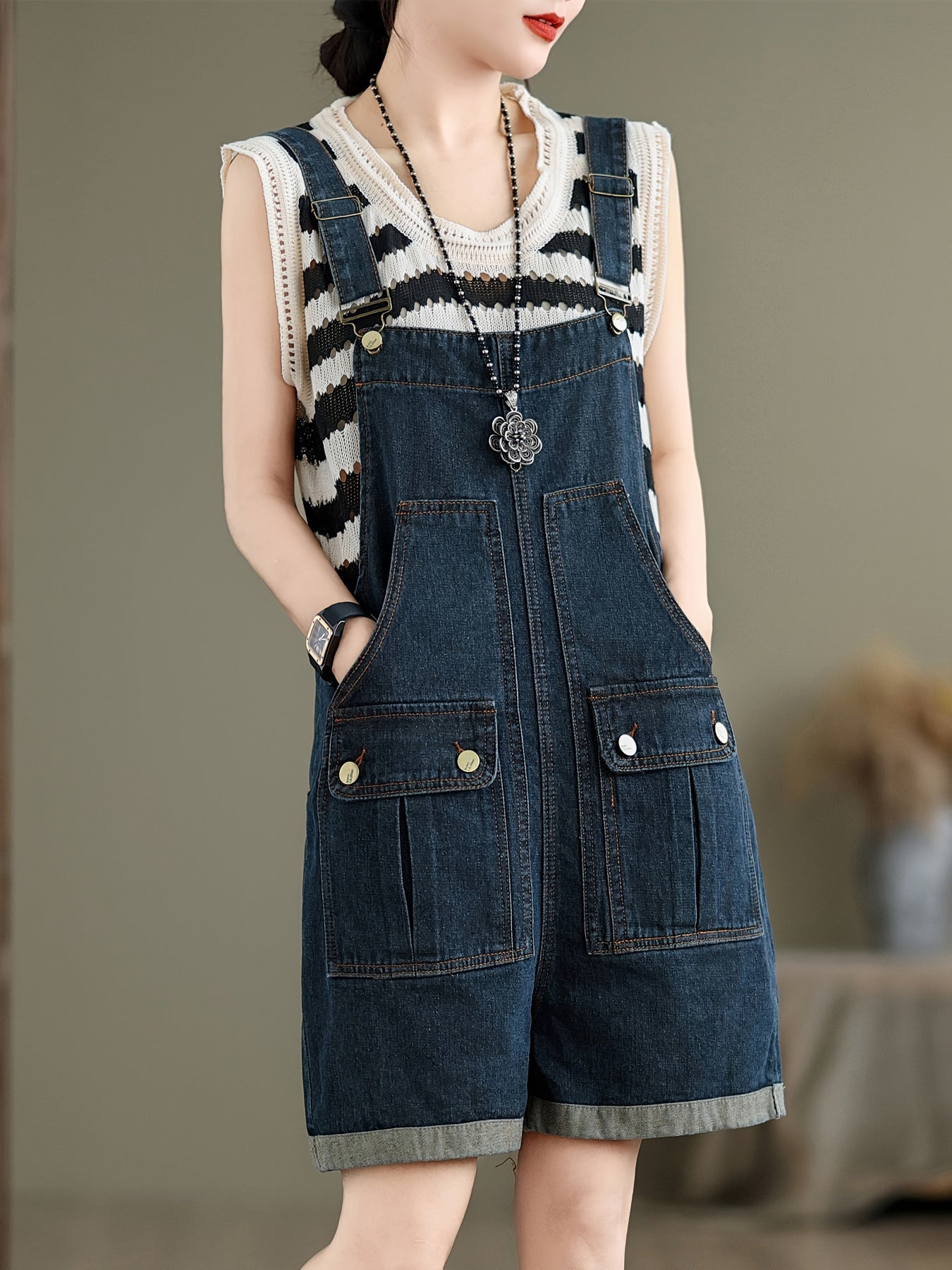 Plain Washed Blue Flap Pocket Adjustable Strap Retro Style Roll Up Hem Denim Overalls Shortalls Dungarees, Women's Denim Jeans & Clothing