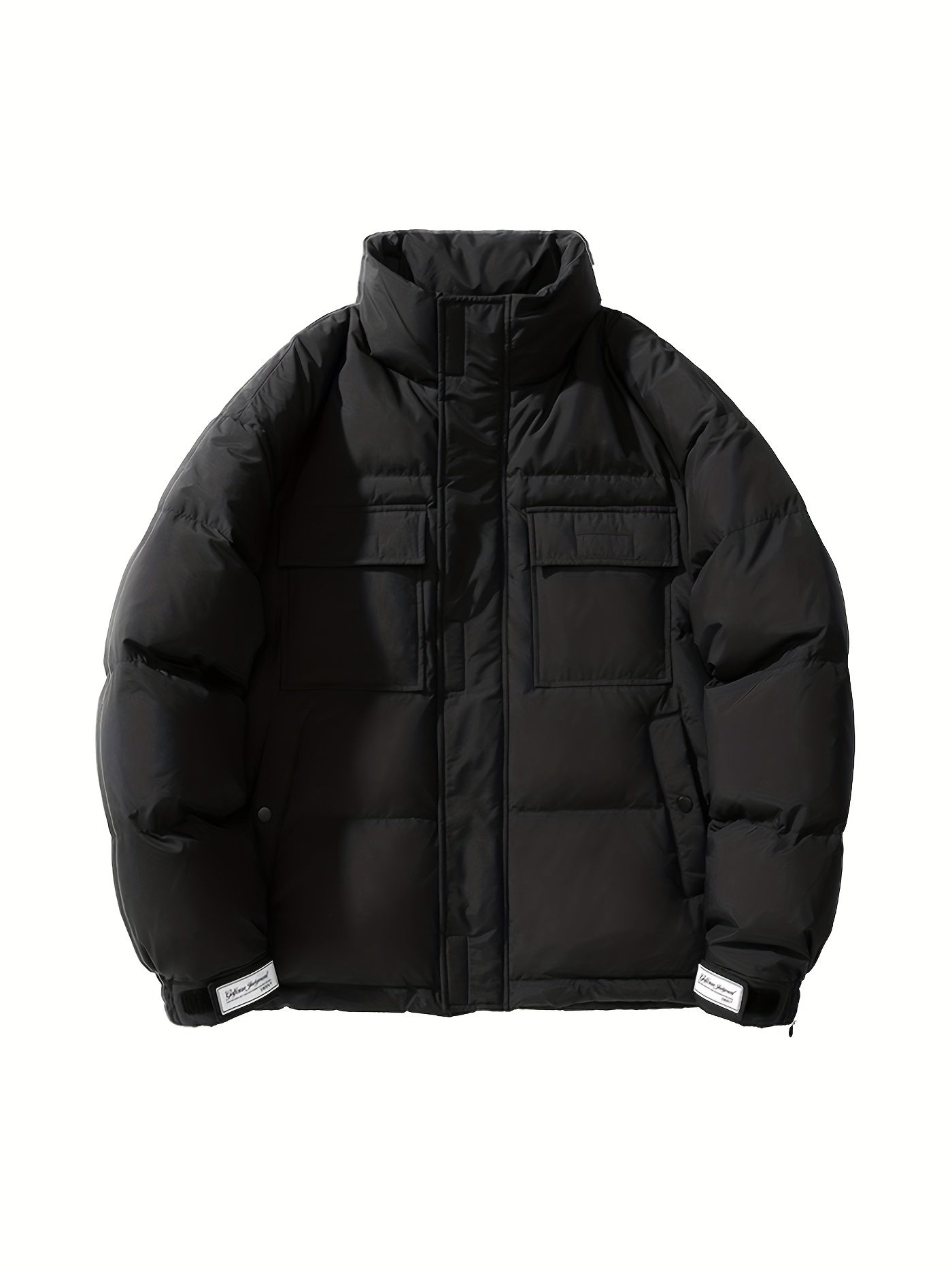 Men's Loose Solid Down Jacket With Pockets, Casual Breathable Lapel Zip Up Long Sleeve Warm Outwear For Winter Outdoor Activities
