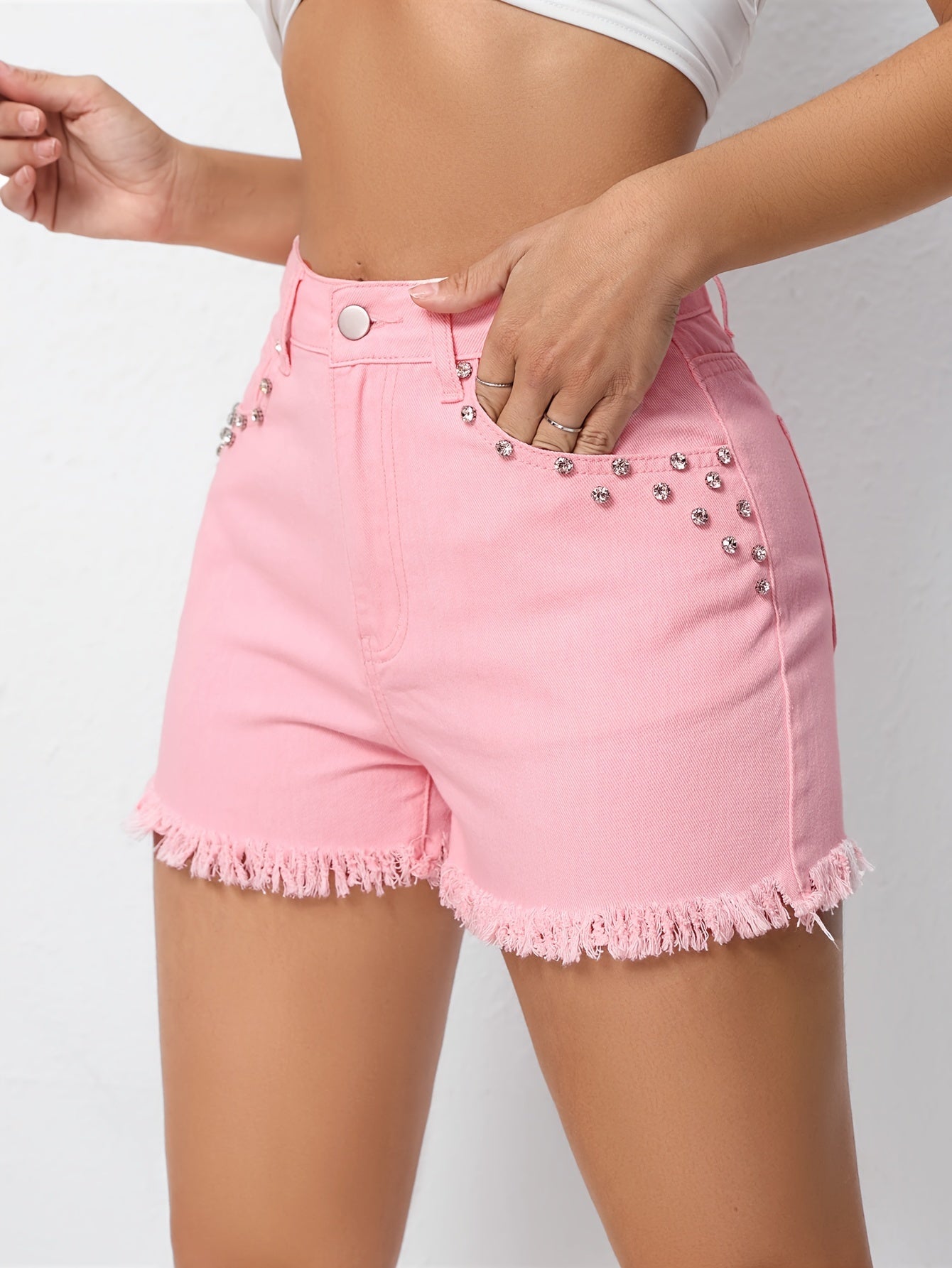 Womens Sparkling Rhinestone Denim Shorts - Distressed Frayed Hem, Stylish Casual Summer Chic, Trendy Hot Pants for a Fashionable Look