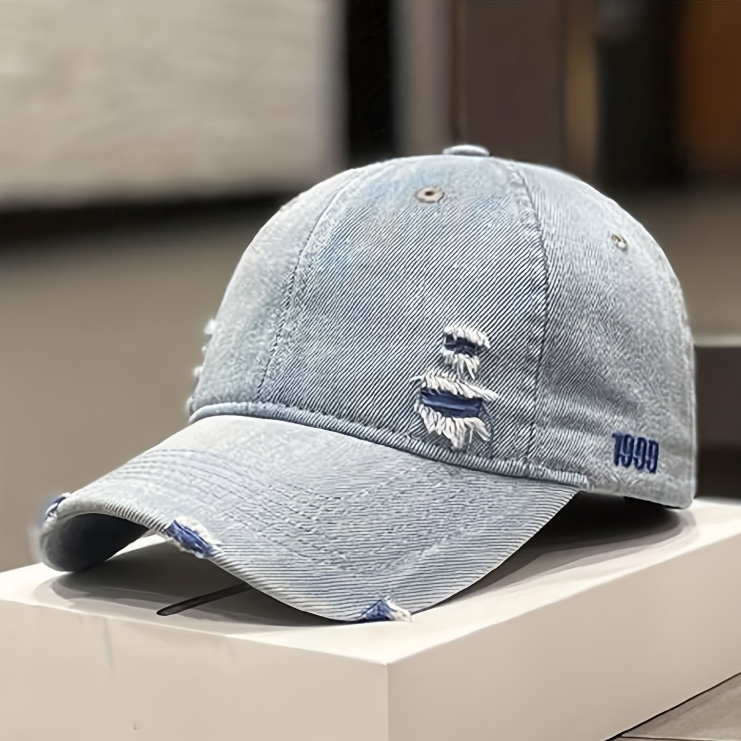 Trendy 1pc Distressed Denim Cap - Rugged Style – Versatile for Casual Wear in Spring to Autumn