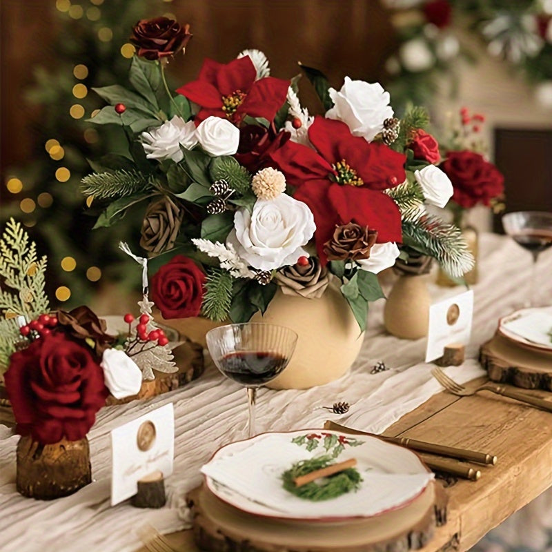 Artificial Christmas Flowers Set, Red Roses & Greenery, DIY Wedding Bouquet, Centerpiece, Home & Kitchen Decor, Plastic, All-Season, for Living Room, Christmas, Halloween, Easter, Thanksgiving, St. Patrick's Day, Rose Type, Tabletop Display, No Power Requ
