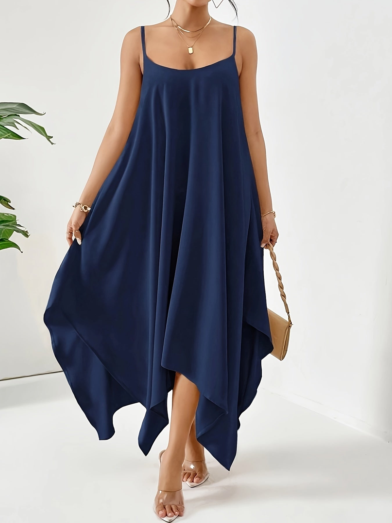 VAKKV Solid Asymmetric Hem Cami Dress, Casual Sleeveless Spaghetti Strap Dress, Women's Clothing
