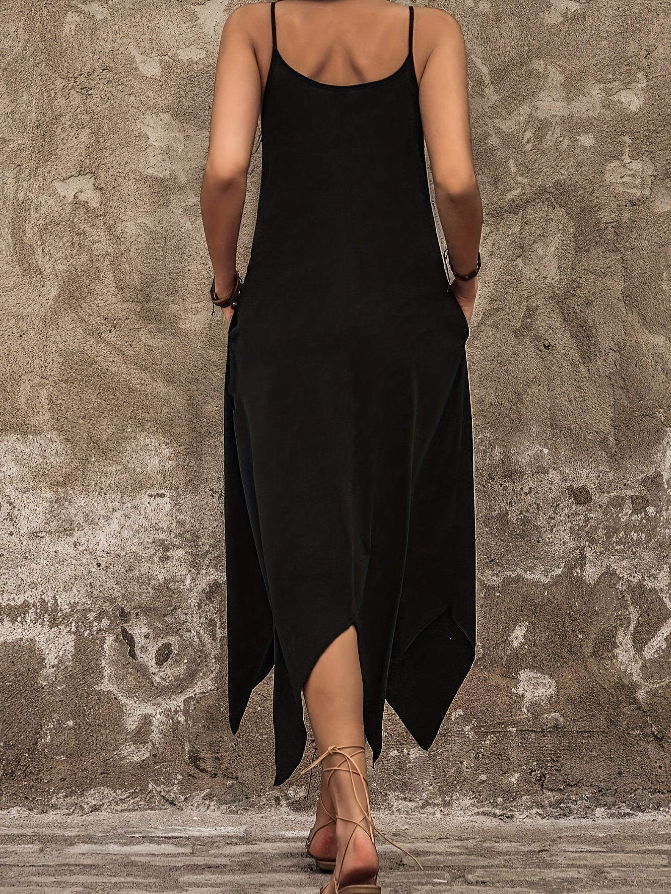 VAKKV Chic Asymmetric Hem Spaghetti Strap Dress - Lightweight & Versatile Solid Colors for Summer - Adjustable Straps, Flowy Design - Womens Casual Wardrobe Staple