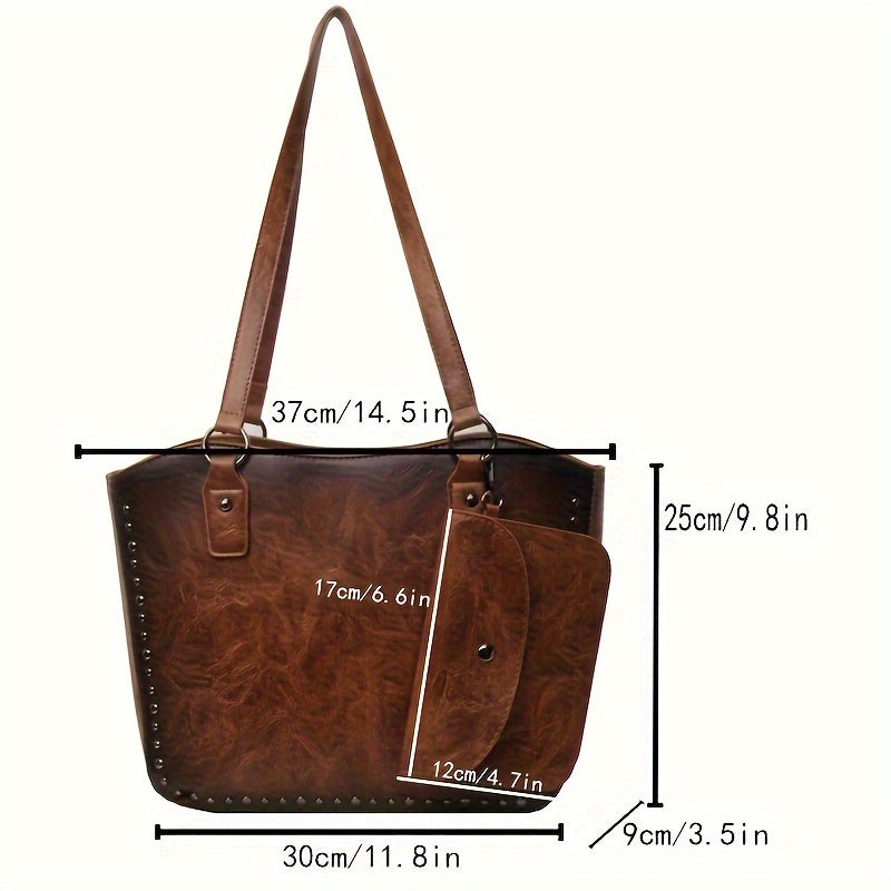 Women's Fashion Tote Bag with Rivet Detailing, Large Capacity Shoulder Handbag, PU Leather with Zipper Closure, Edge Painted, Multipurpose for Work and Daily Use