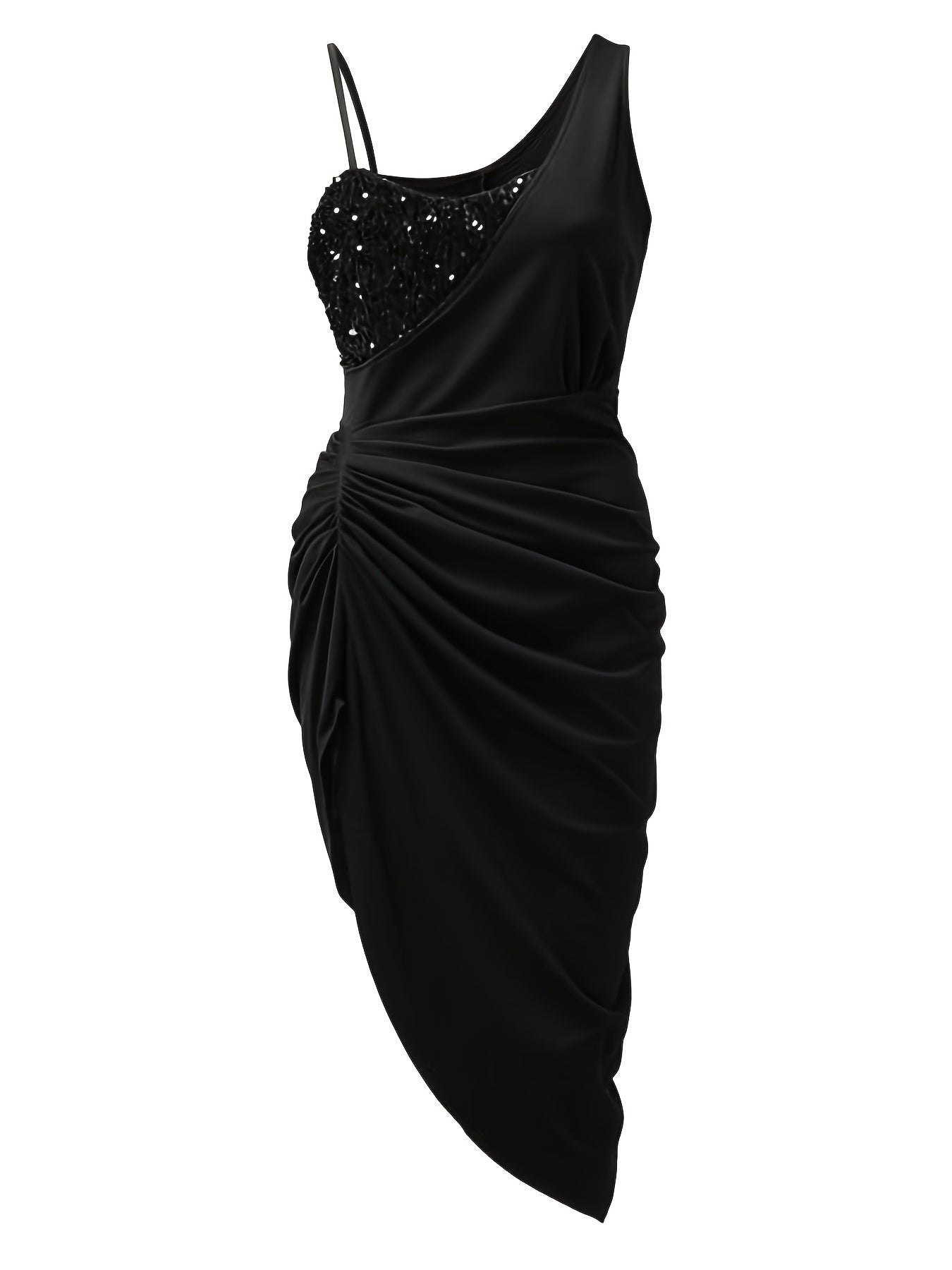 VAKKV Midi Sequin Bodycon Dress - Sleeveless, Contrast Collar, Ruched, Micro Elasticity, Asymmetrical Silhouette, Solid Color, Polyester Lining, Spandex Material, Party Dress for Women