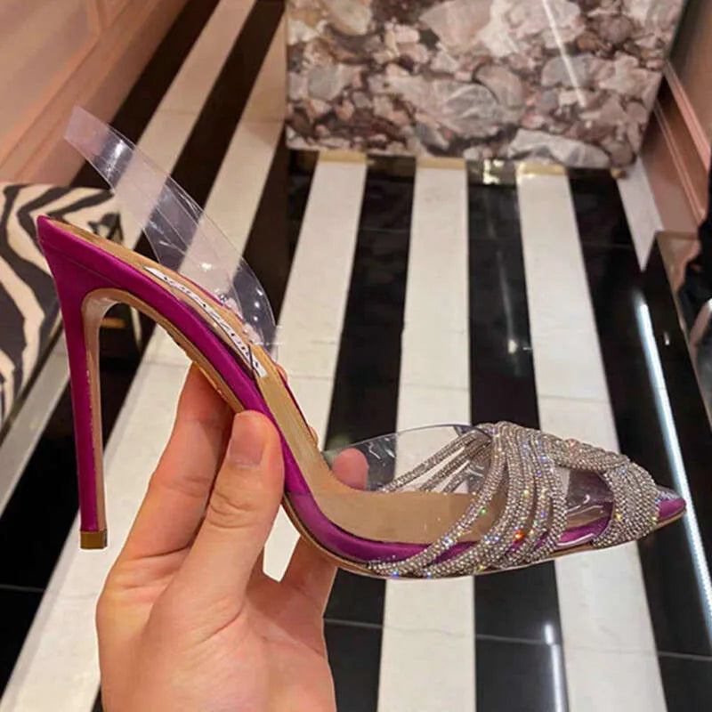 Summer New Women's Roman Rear Strap Pumps Transparent Baotou Rhinestone Pointed Toe High Heels Ultra-High Stiletto Heel Kq8
