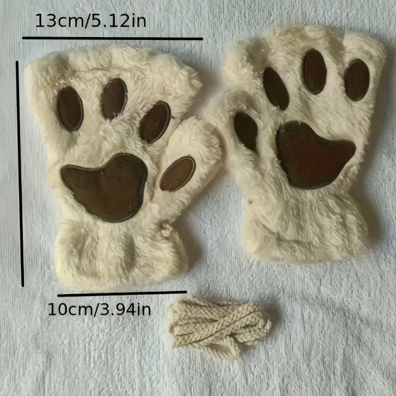2 Pairs of Adorable Cartoon Cat Paw Plush Half Finger Gloves - Warm, Thickened, Exposed Fingers, Bear Paw Design for Men and Women in Winter - Perfect for Cute Girls in Europe and America
