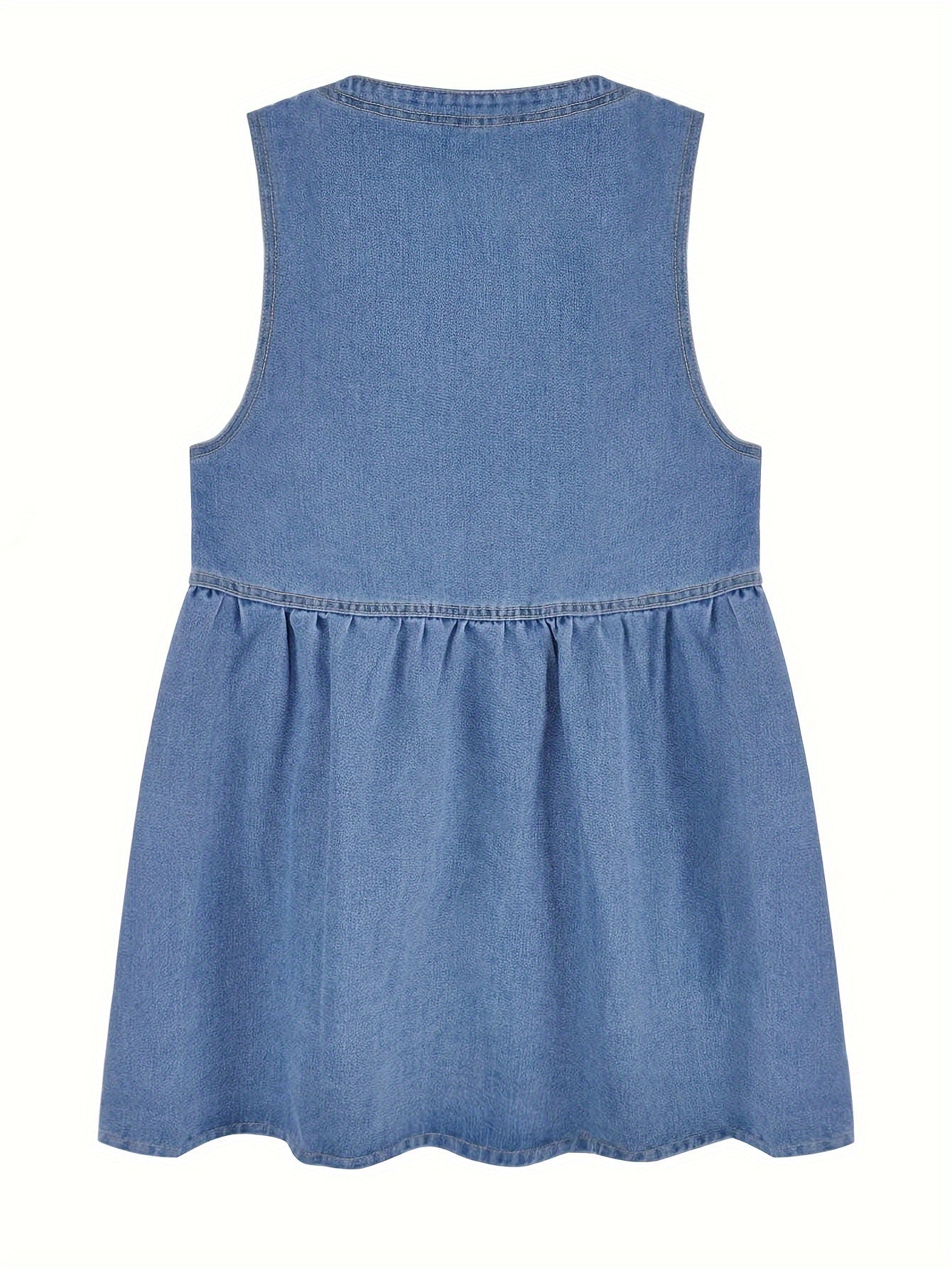 Plain Washed Blue V Neck Button Closure Sleeveless Casual Style Denim Dress, Women's Denim Jeans & Clothing