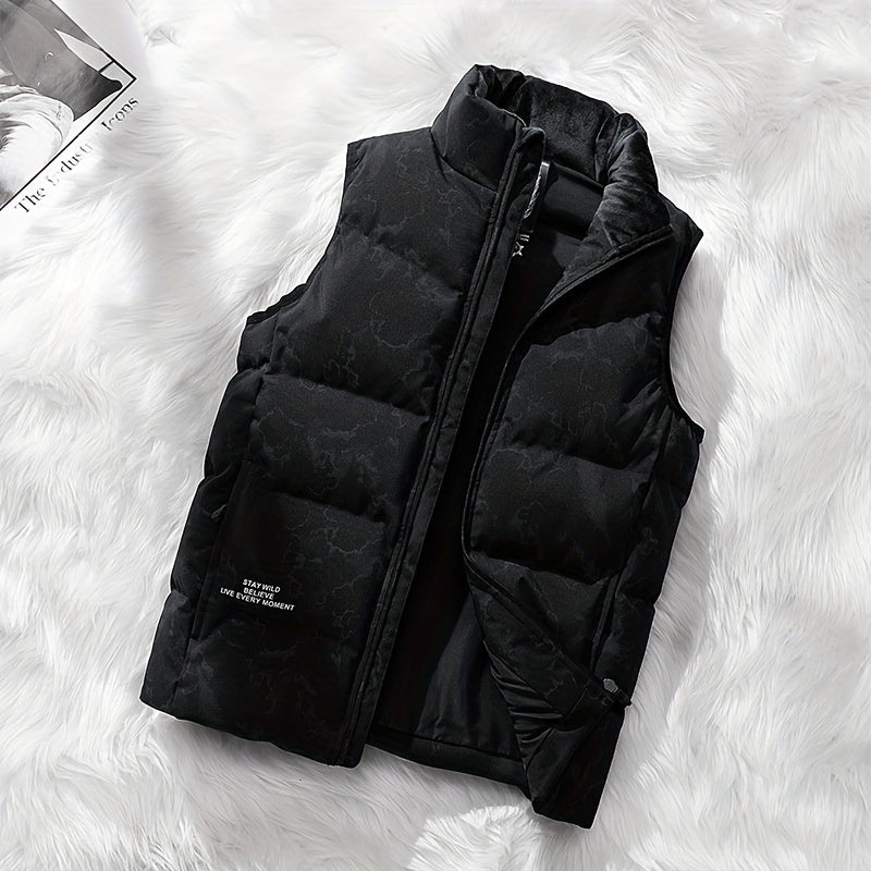 Men's Stylish Solid Sleeveless Down Jacket With Pockets, Casual Breathable Fleece Stand Collar Zip Up Warm Tank Top For City Walk Street Hanging Winter Outdoor Activities