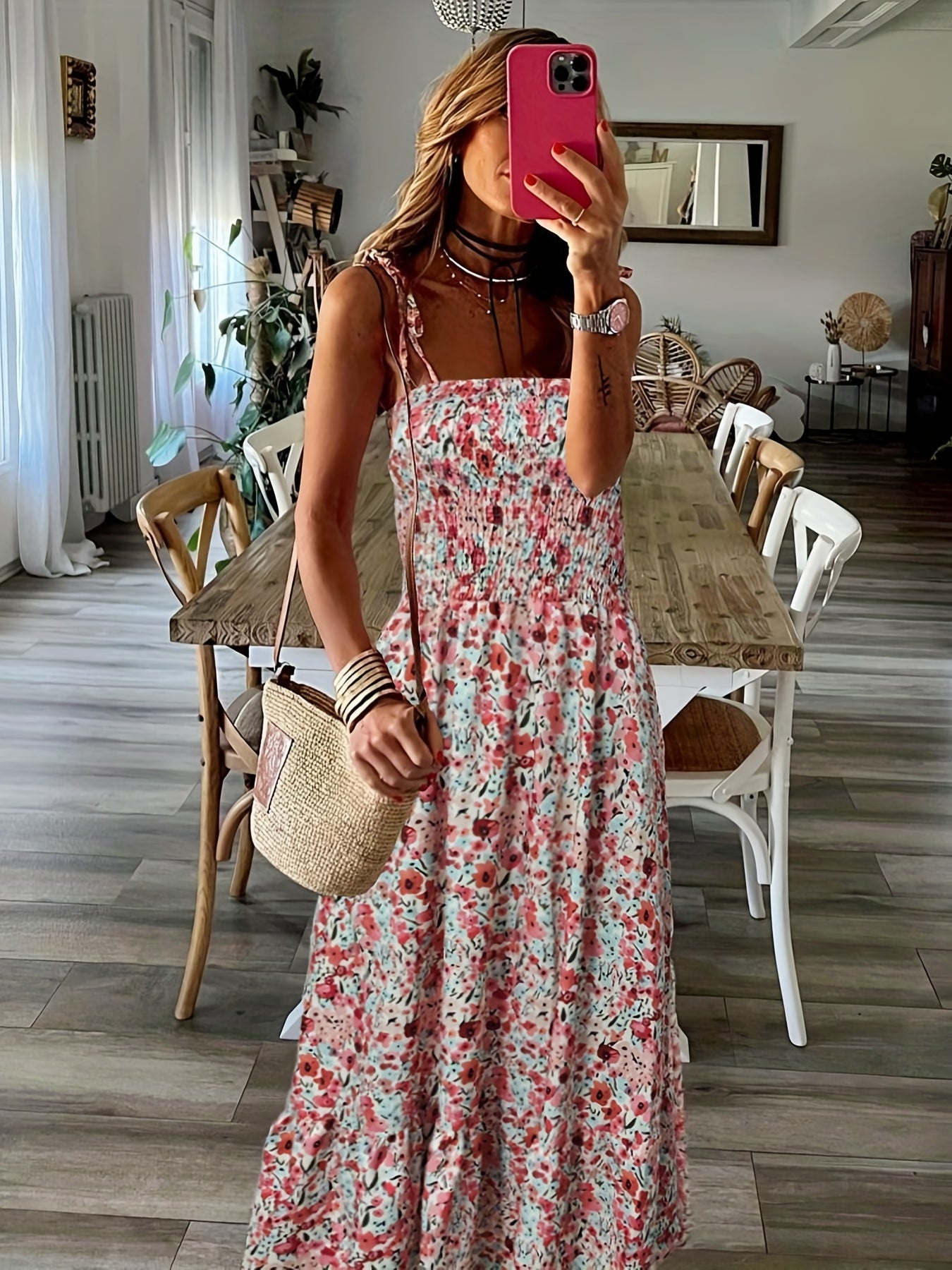 VAKKV Summer Breeze Floral Spaghetti Strap Gown - Sleeveless, Lace-Up, Long Vacation Dress, Easy-Care Polyester