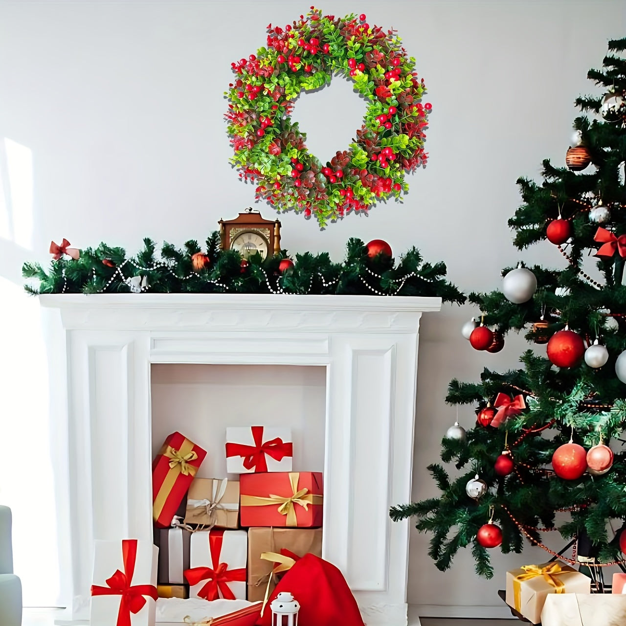 Charming 17.72" Christmas Wreath with Red Eucalyptus Berries - Perfect for Front Door, Fireplace & Window Decor | Indoor/Outdoor Holiday Centerpiece