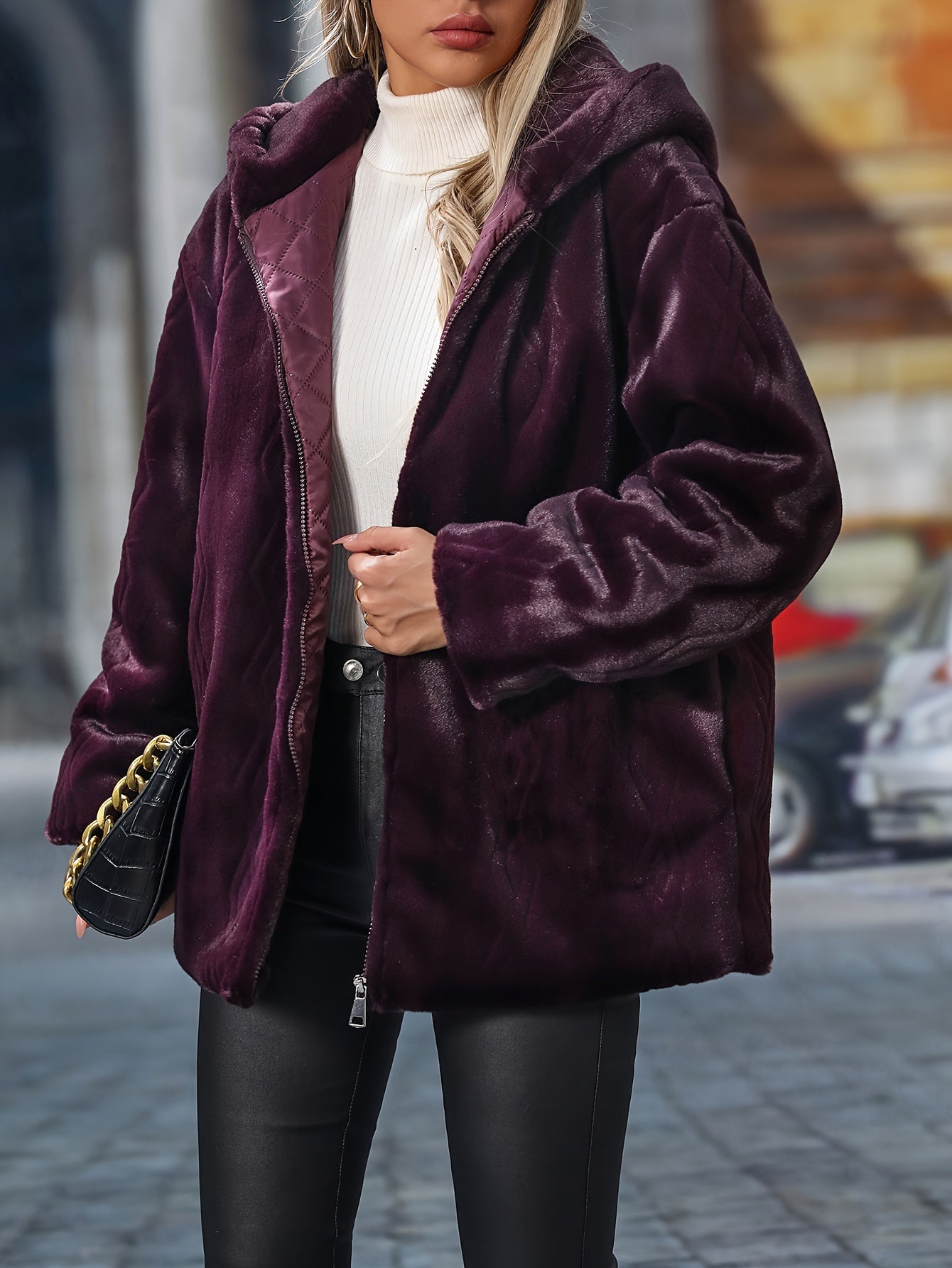 Faux Fur Zip Up Hooded Coat, Elegant Long Sleeve Warm Outerwear For Fall & Winter, Women's Clothing