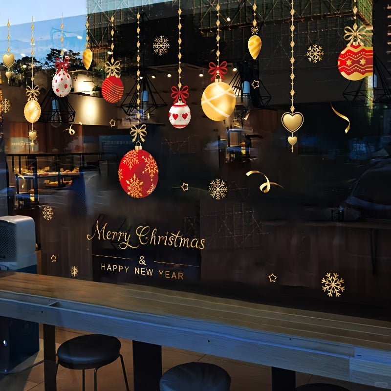 Christmas Window Clings Set, 1 Piece Static Decal Stickers for Shops and Home, Waterproof Plastic Holiday Ornaments with Painter's Tape, Snowflakes and Festive Bauble Decorations for Glass Surfaces