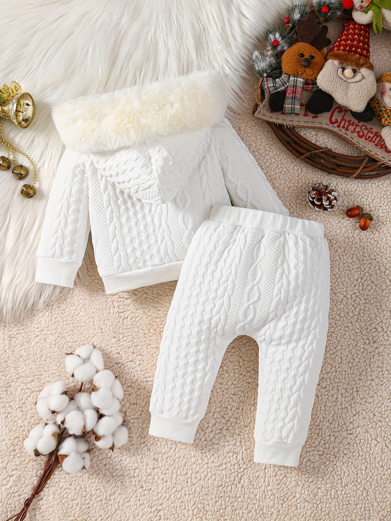 2pcs Baby's MERRY CHRISTMAS Reindeer Embroidery Fuzzy Splicing Hoodie & Casual Jacquard Pants, Toddler & Infant Boy's Clothing Set, Outdoor Cloth