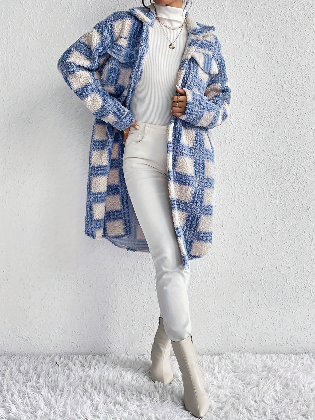 Long Sleeve Elegant Plaid Pattern Button Front Teddy Coat for Fall & Winter, Women's Mid-length Warm Outerwear
