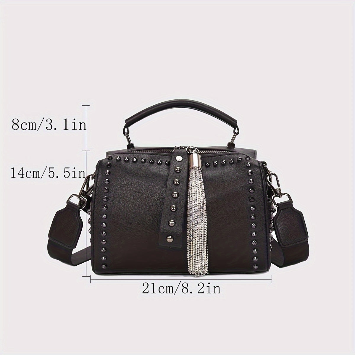 Vintage-Inspired Tassel Embellished Boston Handbag - Women's Fashion Crossbody Bag with Studded Decor, Chains Shoulder Strap, and Y2k Style Novelty Design - Perfect for Wedding Party, Designer Messenger Purse with Punk Rock Flair