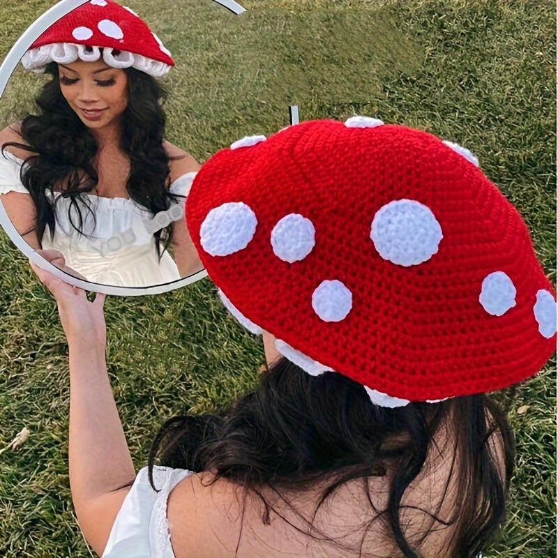 Large Oversized Red Mushroom Cartoon Beret Hat - Soft Lightweight Acrylic Elastic Drawstring Cap with Random Anime Print for Womens Daily Use - Perfect for Christmas Gift