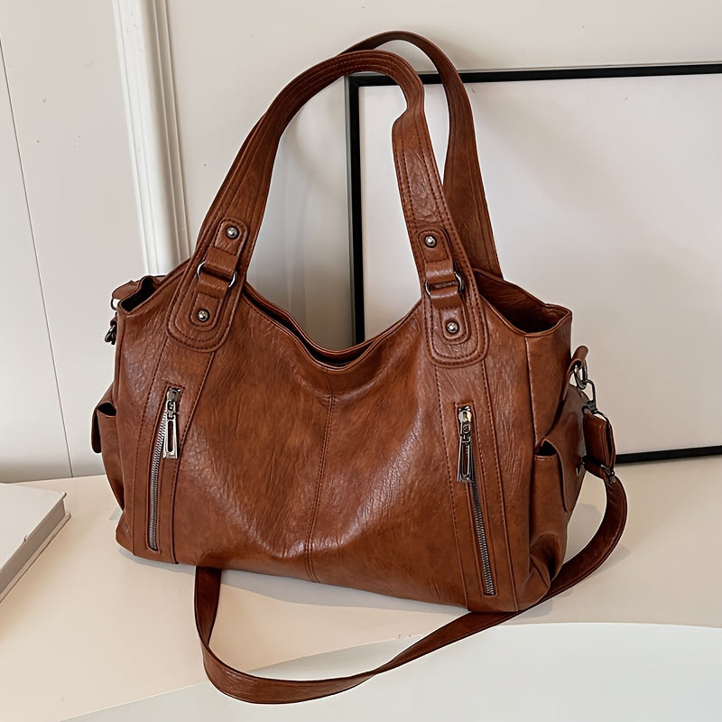 Vintage Chic Large Capacity PU Leather Shoulder Tote Bag - Stylish Women's Crossbody Bag with Maillard Finish, Multiple Pockets, and Adjustable Strap - Black and Coffee Color Options