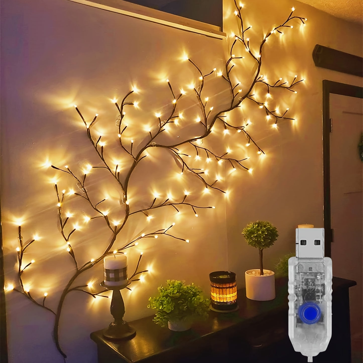 1.8m/5.9Ft Artificial Plants Tree Branches Vines For Room Decor, 96 LEDs Enchanted Willow Vine Lights For Christmas Decorations Indoor Home Decor Halloween Gift