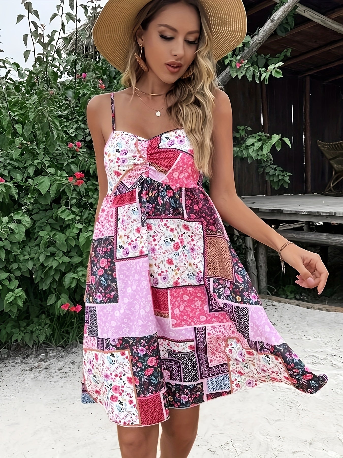 VAKKV Flirty Patchwork Print Sweetheart Neck Dress - Backless & Sleeveless Spaghetti Strap - Spring/Summer Vacation Essential for Women
