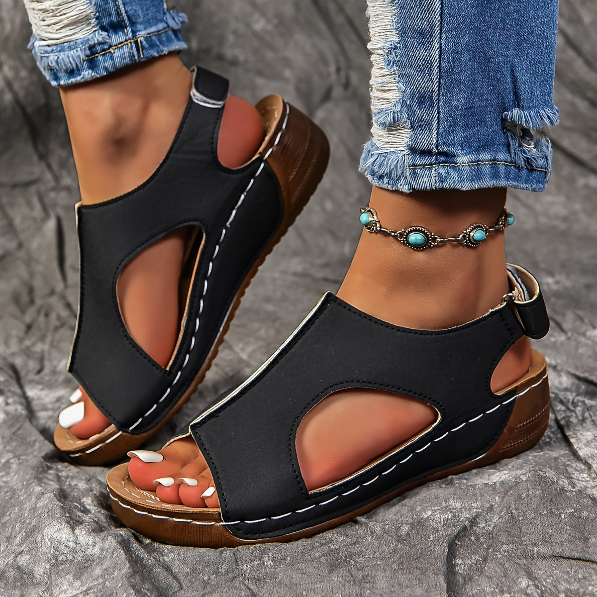 Mid Heel Wedge Sandals for Women - Comfortable Open Toe Ankle Strap Shoes with Faux Leather Upper, Polyurethane PU Sole, and Hook-and-Loop Fastener Closure for Casual Summer Wear - Solid Color, No Printing, Breathable and Easy to Slip On