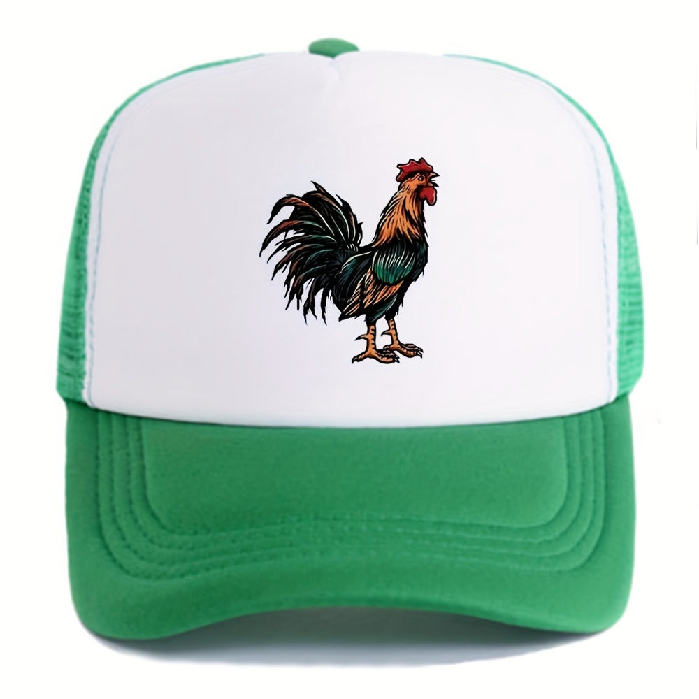 Retro Rooster Print Curved Brim Baseball Cap - Breathable Mesh Trucker Hat with Snapback Closure, Perfect for Casual Leisure Outdoor Sports, Unisex Fashion Accessory for Summer, Spring, and Fall