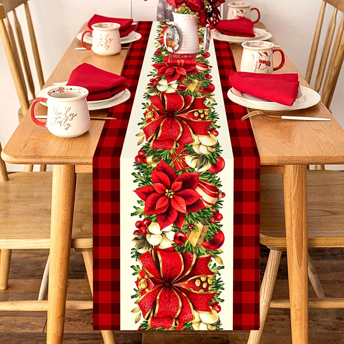 Festive Christmas Table Runner: 1PC Polyester Table Runner with Christmas Floral and Gift Elements, Perfect for Winter Holidays and Family Gatherings