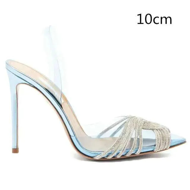 Summer New Women's Roman Rear Strap Pumps Transparent Baotou Rhinestone Pointed Toe High Heels Ultra-High Stiletto Heel Kq8