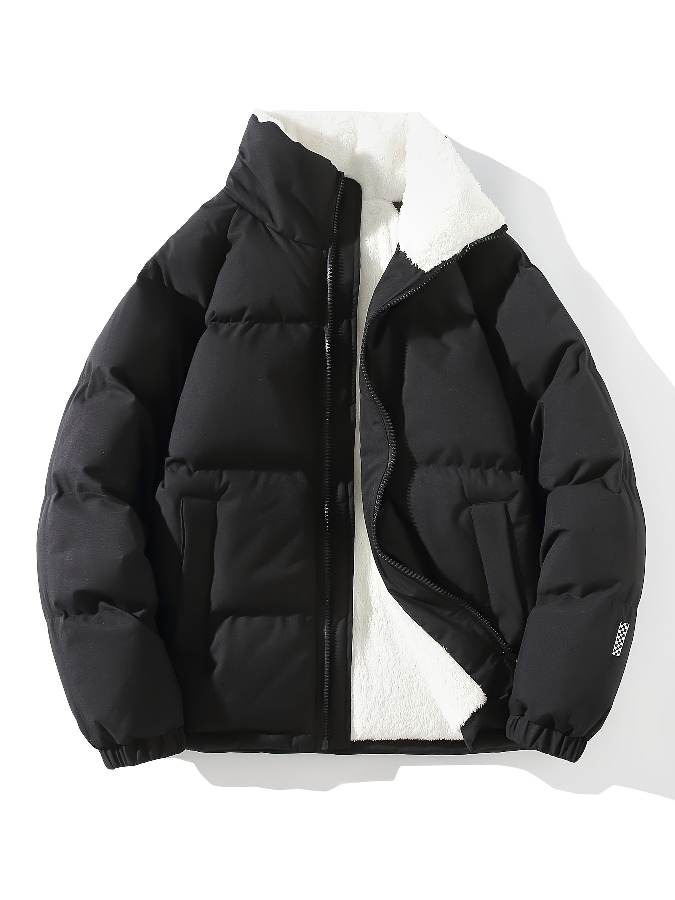 Men's Solid Puffer Coat With Pockets, Casual Breathable Stand Collar Zip Up Long Sleeve Fleece Warm Coat For Winter Outdoor Activities