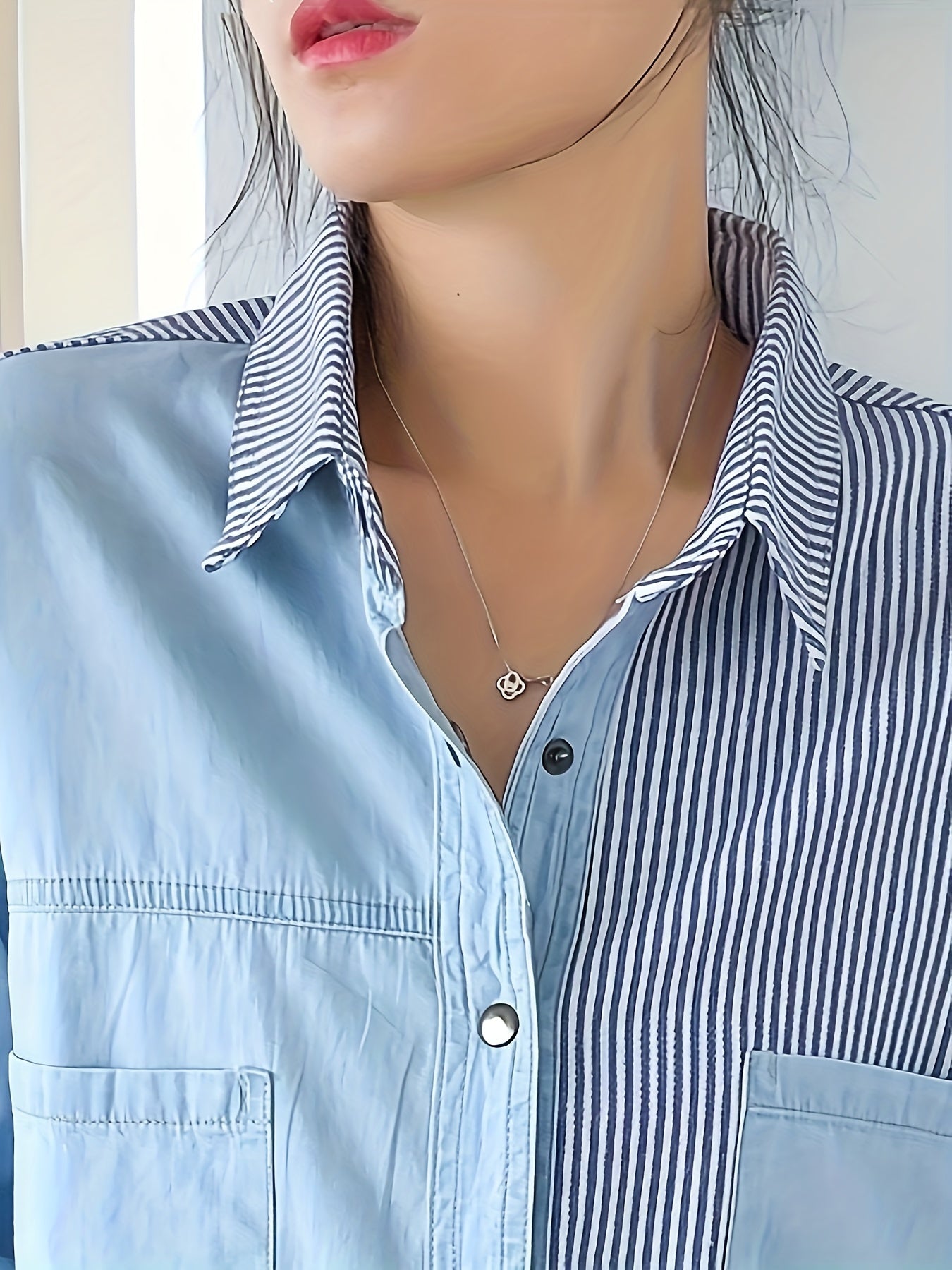Long Sleeve Relaxed Fit Womens Denim Shirt Top - Soft Non-Stretch Fabric, Casual Polo Style, Color Block Patchwork Blue with Striped Details, Spring/Summer Collection, Button Front, Woven Construction