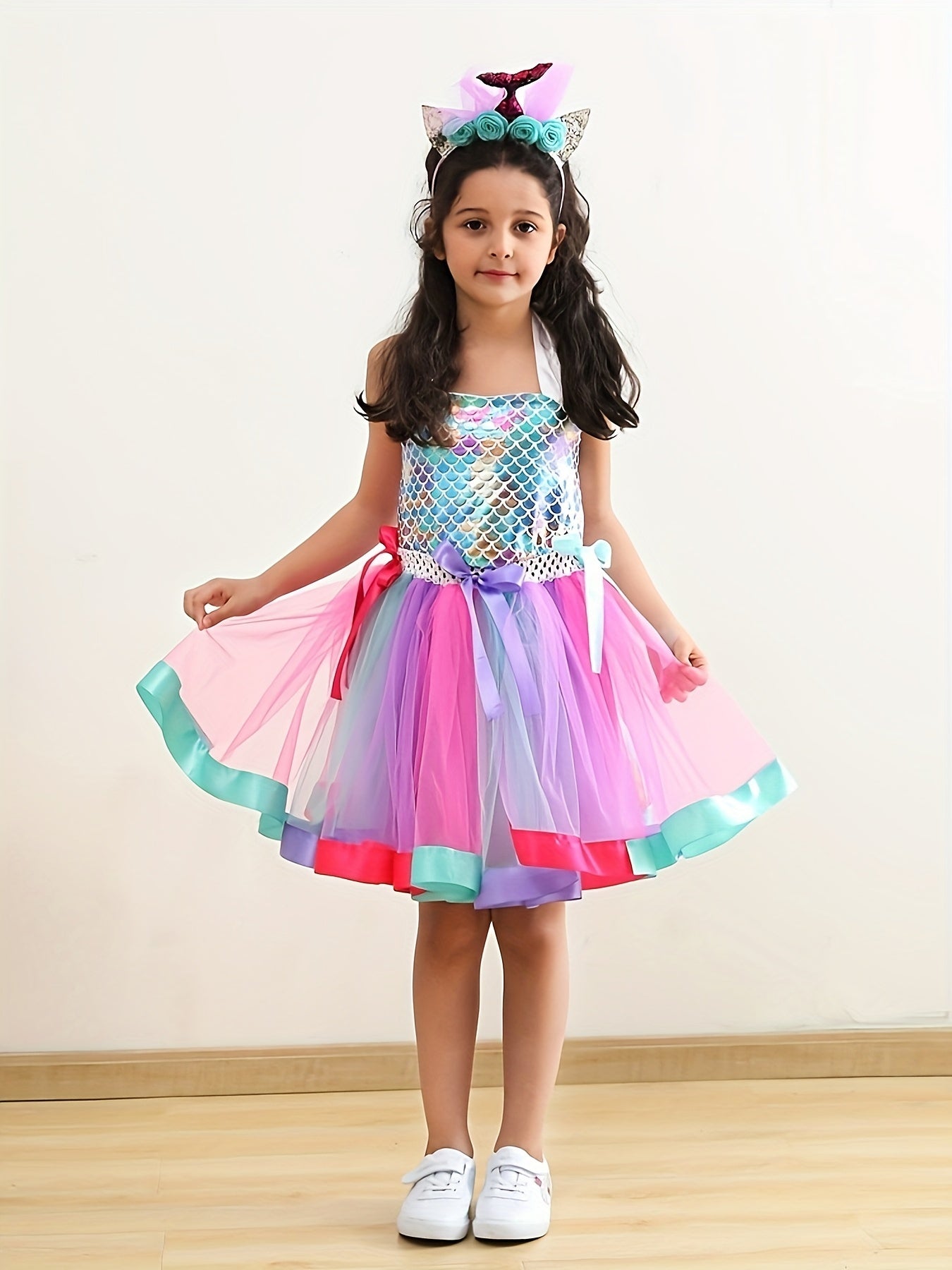 Tutu Dress and Headband Set - Sparkling Fish Scale Pattern Mesh Outfit for Girls - Perfect for Christmas, Halloween, Birthday Party, Performance, and Gift-Giving Occasions