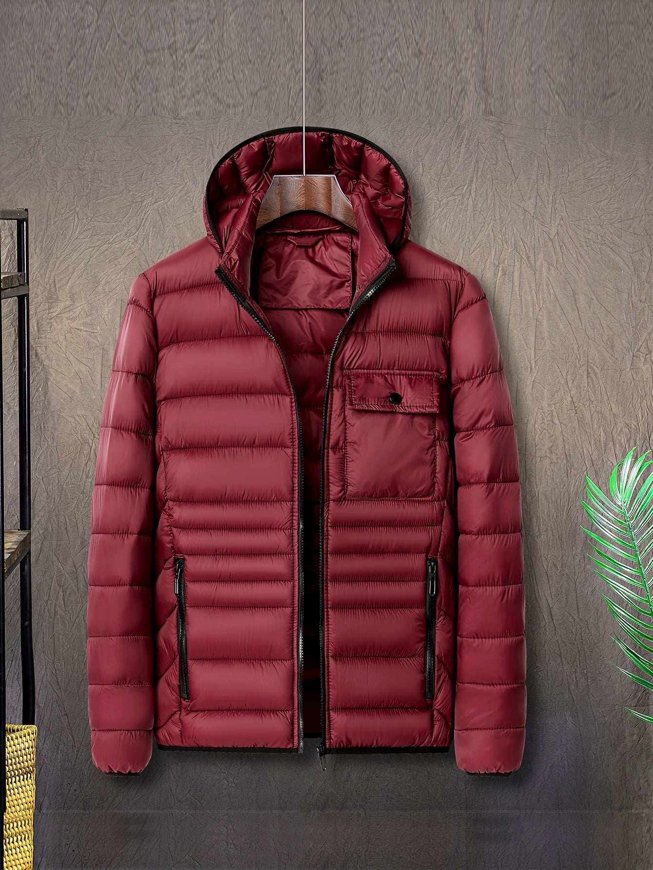 Men's Solid Color Hooded Puff Jacket, Long Sleeve Stand Collar Comfy Warm Trendy Winter Faux Down Coat As Gift