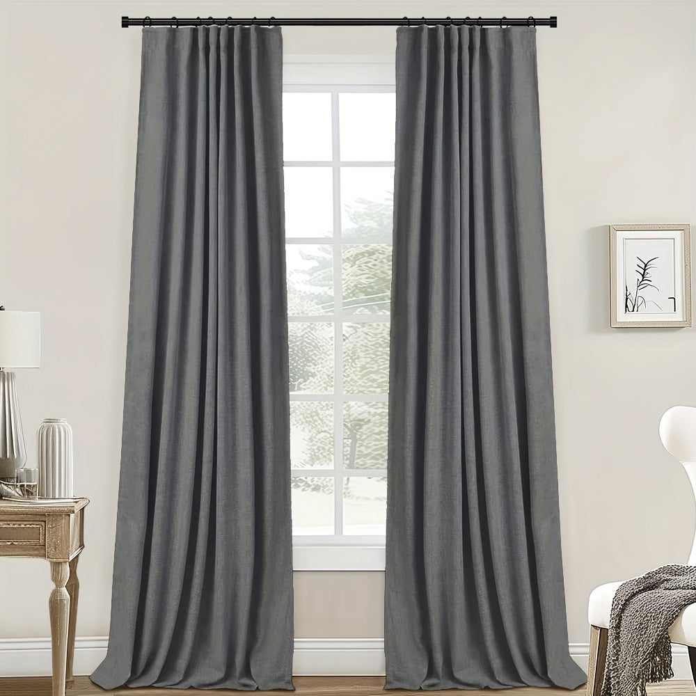 2 Panels 100% Blackout Linen Textured Curtains - Complete Darkness & Thermal Insulation - Natural Elegance for Bedroom & Living Room - Includes Clip Rings or Rod Pocket Options