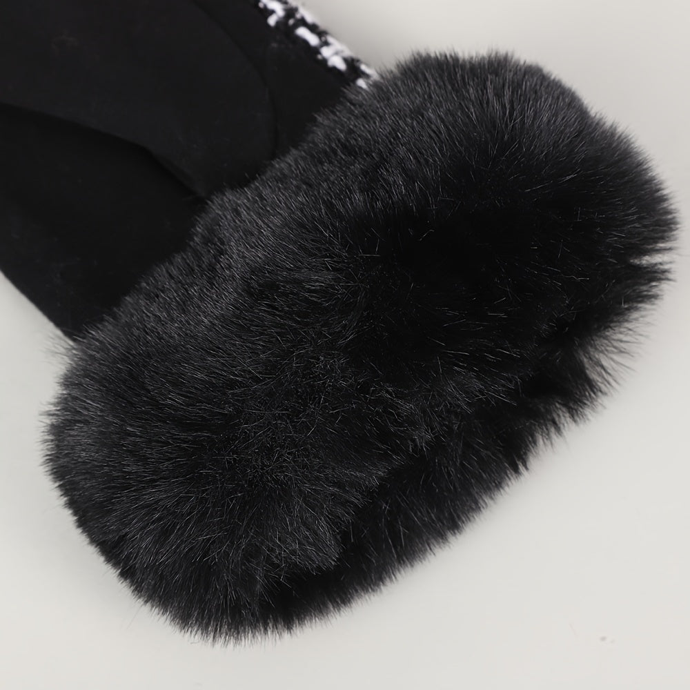 Stylish Houndstooth Touch Screen Gloves - Warm, Non-Elastic, Full Finger Polyester Woven Gloves with Faux Fur Cuffs, Perfect for Weekend Casual Use, Cold Weather, and Outdoor Activities