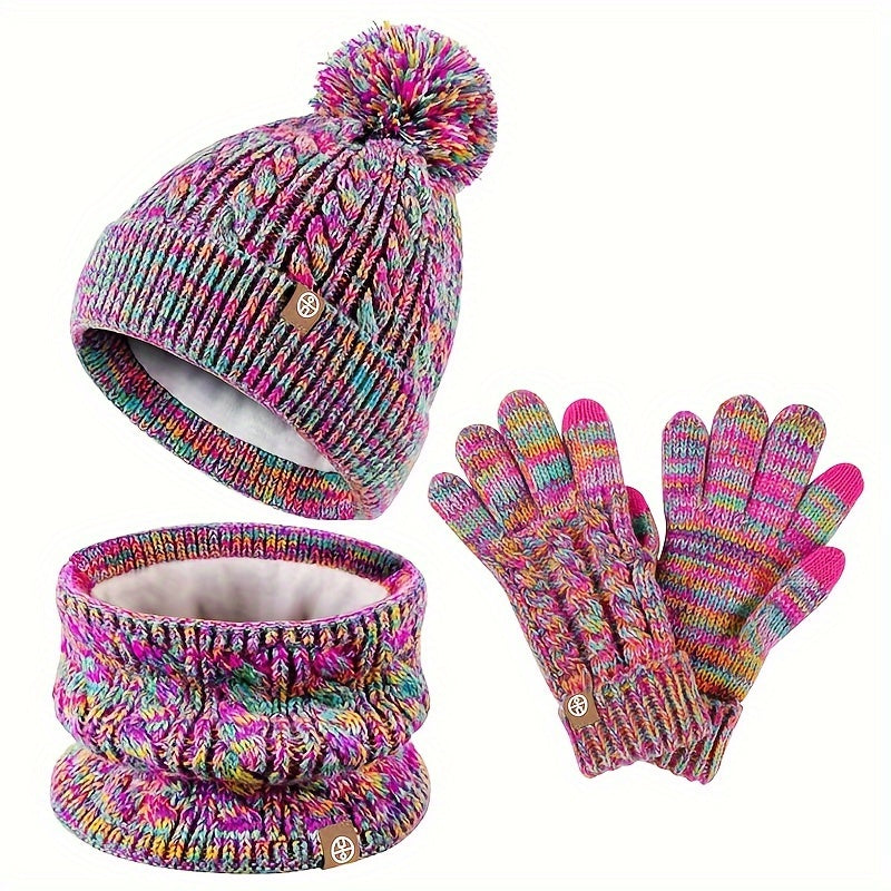 Elegant 3pcs Winter Set for Women: Cozy Fleece-Lined Knit Beanie, Scarf & Gloves - Warm, Windproof & Stylish