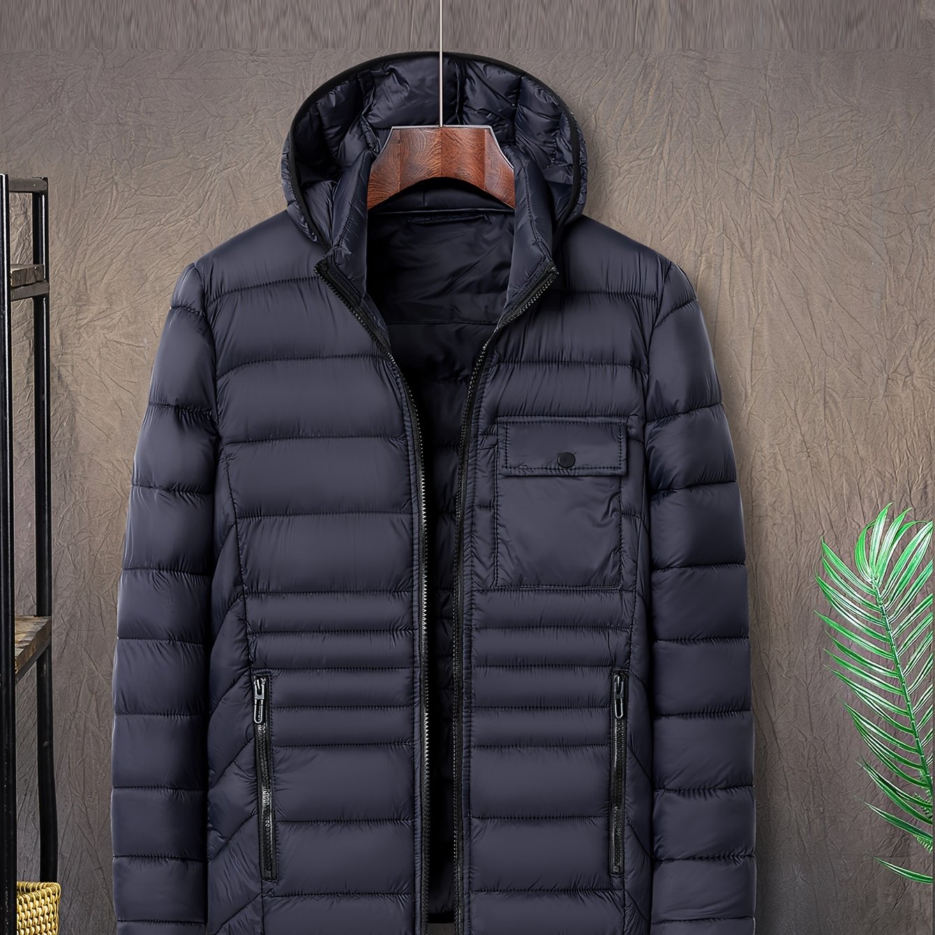 Men's Solid Color Hooded Puff Jacket, Long Sleeve Stand Collar Comfy Warm Trendy Winter Faux Down Coat As Gift