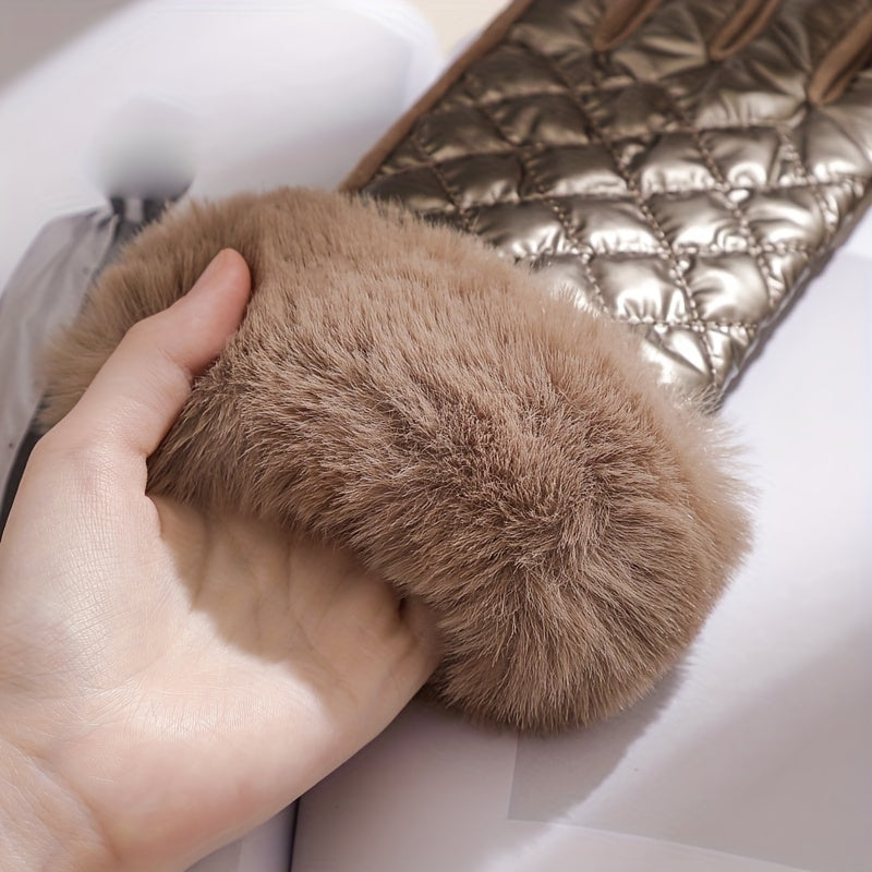 Women's Fashion Quilted Polyester Full Finger Gloves with Faux Fur Trim - Inelastic, Warm, Windproof, Knitted Craftsmanship for Weekend Casual Wear - Pack of 1 Pair