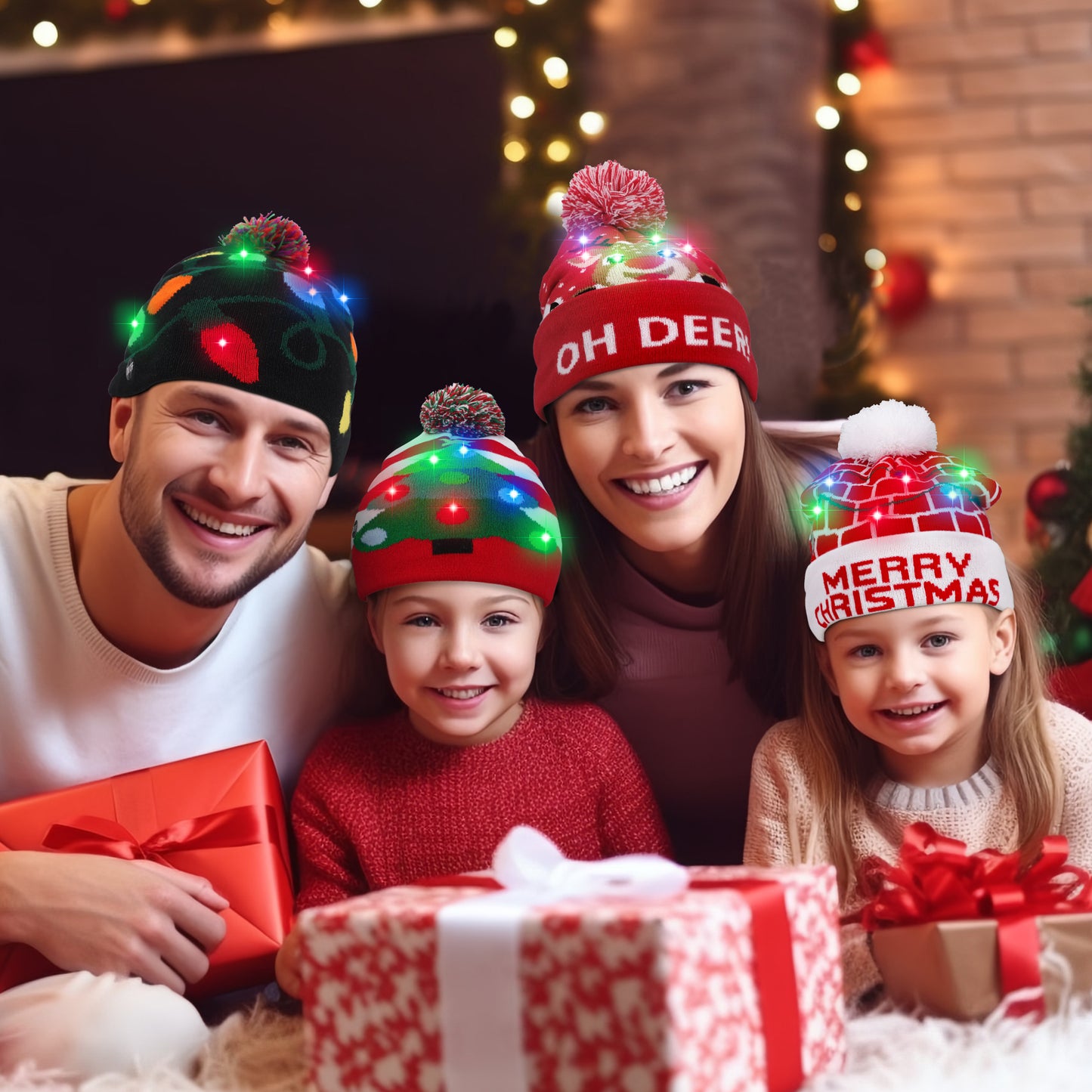 4 Pack LED Light up Christmas Beanie Hats Xmas Knitted Hat Unisex Winter Hat Flashing Cap for Adults Kids Christmas New Year