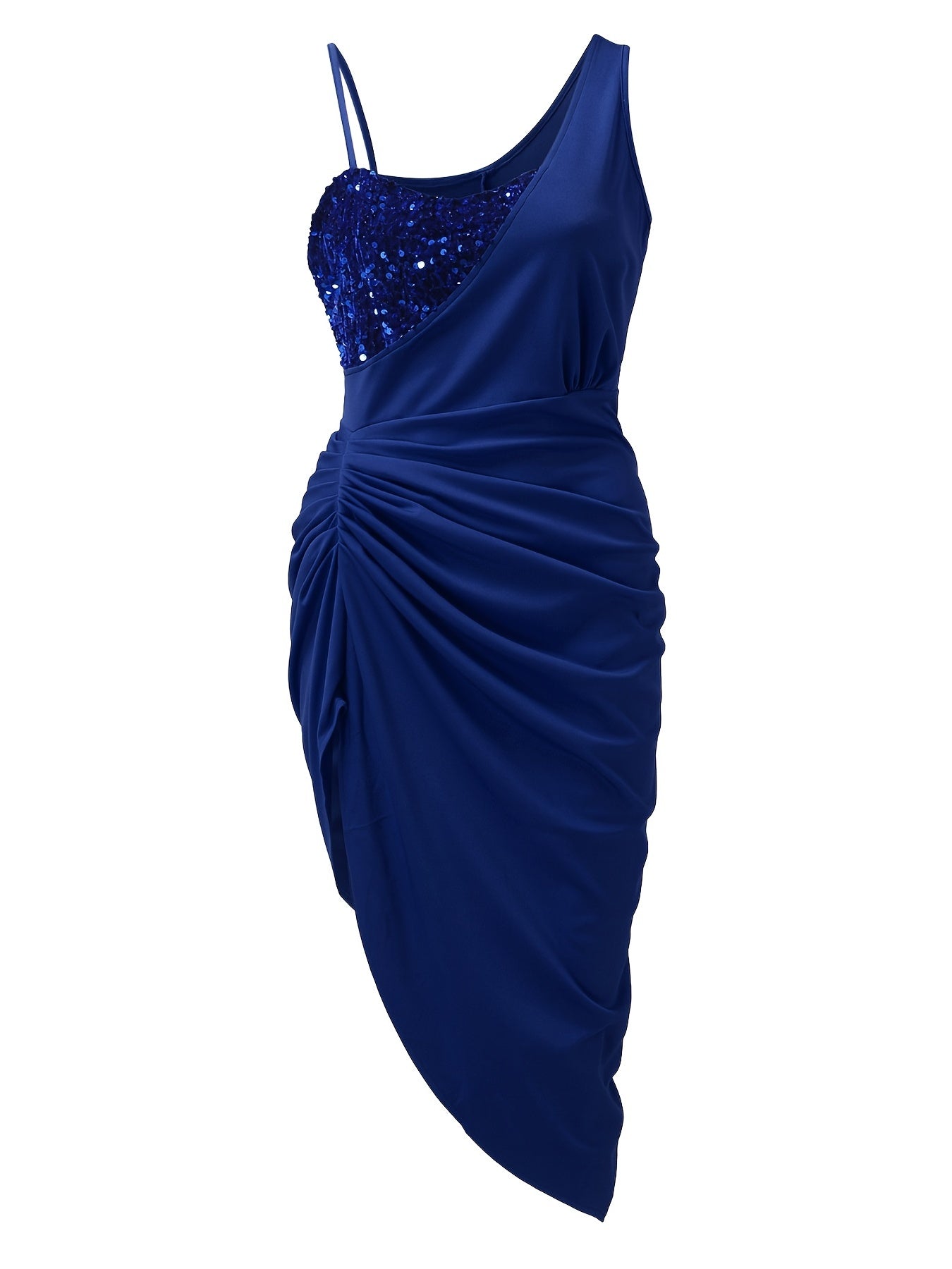 VAKKV Midi Sequin Bodycon Dress - Sleeveless, Contrast Collar, Ruched, Micro Elasticity, Asymmetrical Silhouette, Solid Color, Polyester Lining, Spandex Material, Party Dress for Women