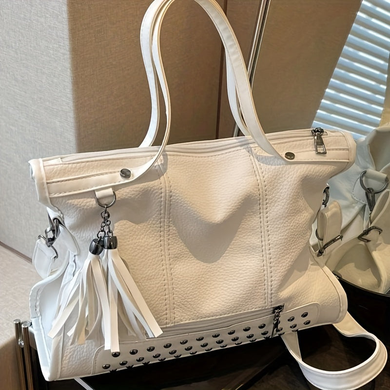 Fashionable Shoulder Bag For Women, New Trend Casual Tassel Pendant Decoration, Large Capacity Tote Bag, Solid Color Rivet Inlay Design, Crossbody Bag, Retro And Stylish Handbag Suitable For Daily Commuting, Outdoor Shopping