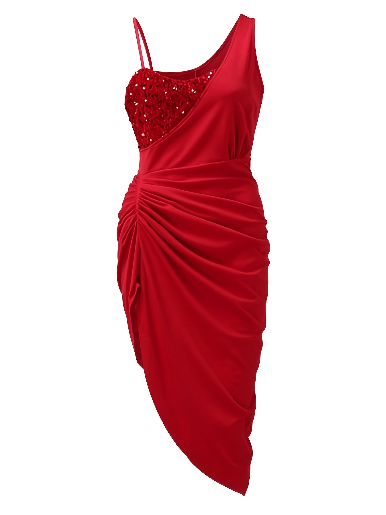 VAKKV Midi Sequin Bodycon Dress - Sleeveless, Contrast Collar, Ruched, Micro Elasticity, Asymmetrical Silhouette, Solid Color, Polyester Lining, Spandex Material, Party Dress for Women