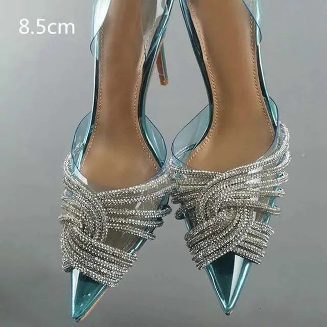 Summer New Women's Roman Rear Strap Pumps Transparent Baotou Rhinestone Pointed Toe High Heels Ultra-High Stiletto Heel Kq8
