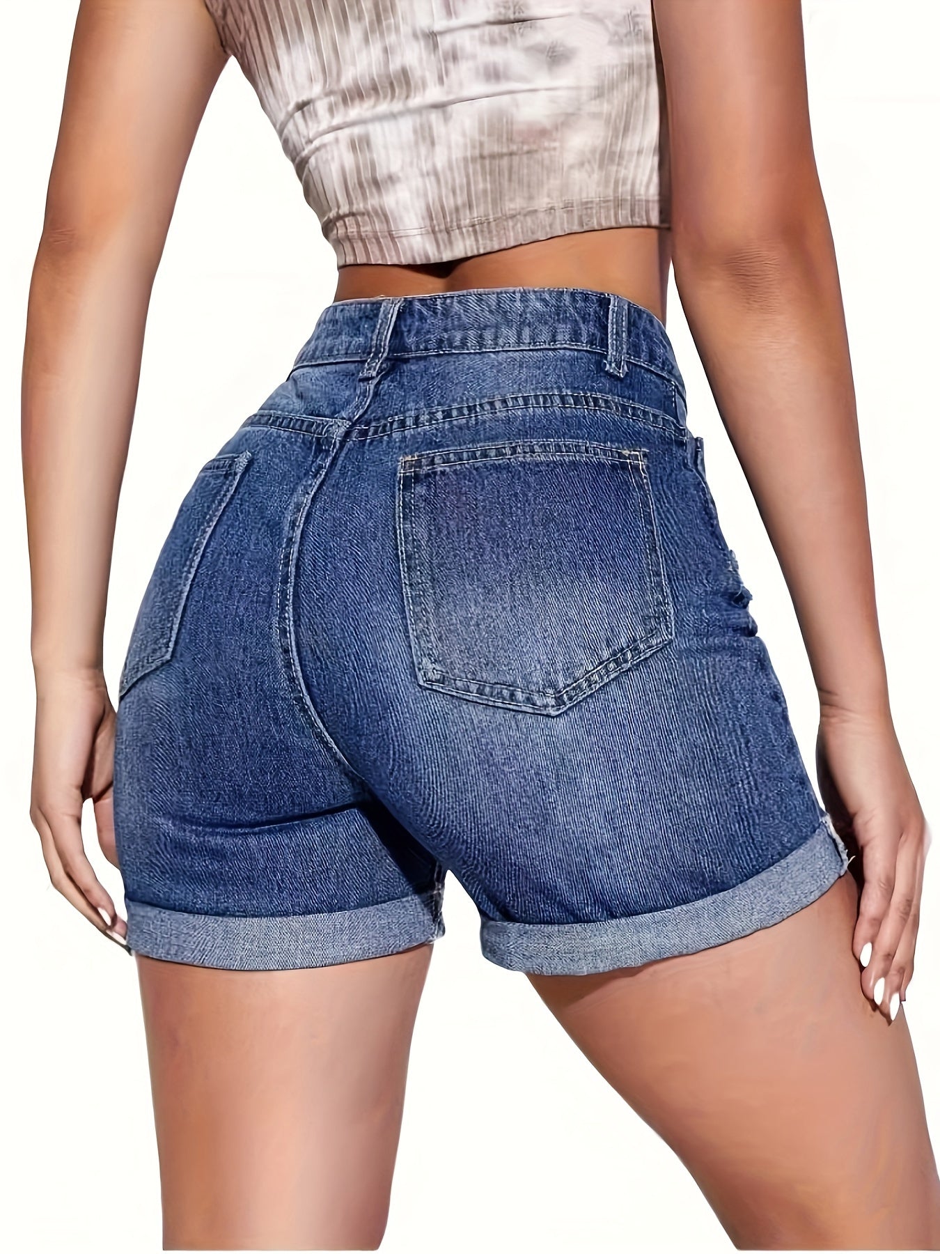 Women's High waisted Fashion Tight Stretch Slim Ripped Holes Short Jeans High Quality Shorts