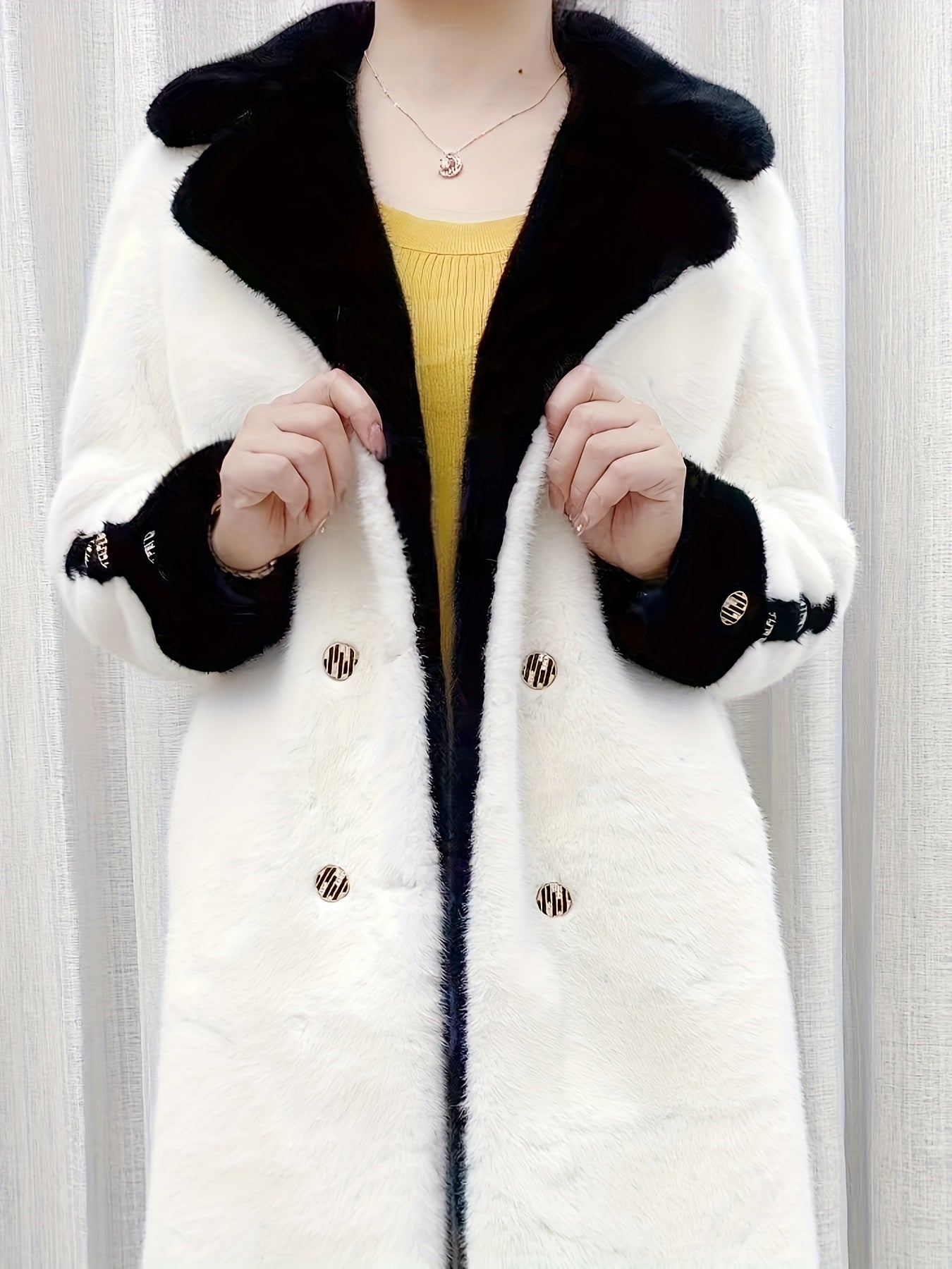 Two-Tone Slant Pocket Faux Fur Coat - Stylish Lapel Neck, Open Front, Warm, Thickened Outerwear for Winter & Fall - Women's Clothing, Chic and Cozy