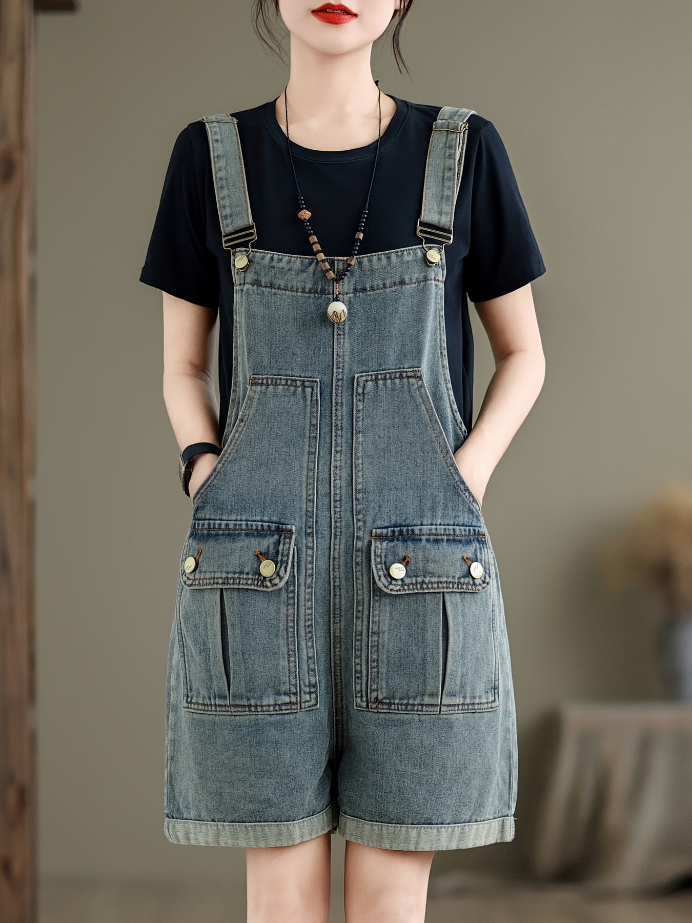 Plain Washed Blue Flap Pocket Adjustable Strap Retro Style Roll Up Hem Denim Overalls Shortalls Dungarees, Women's Denim Jeans & Clothing